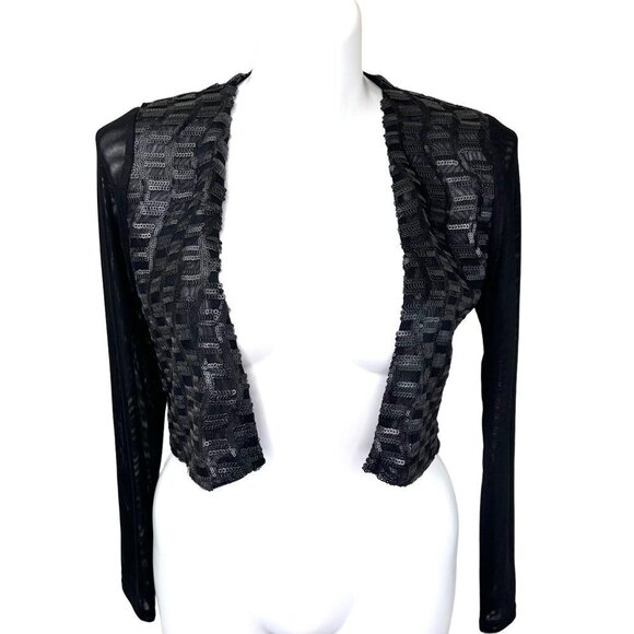 GORGOUS CACHE BLACK SEQUIN SHEER SLEEVE CARDI WORN ONCE! MEDIUM - Picture 2 of 6